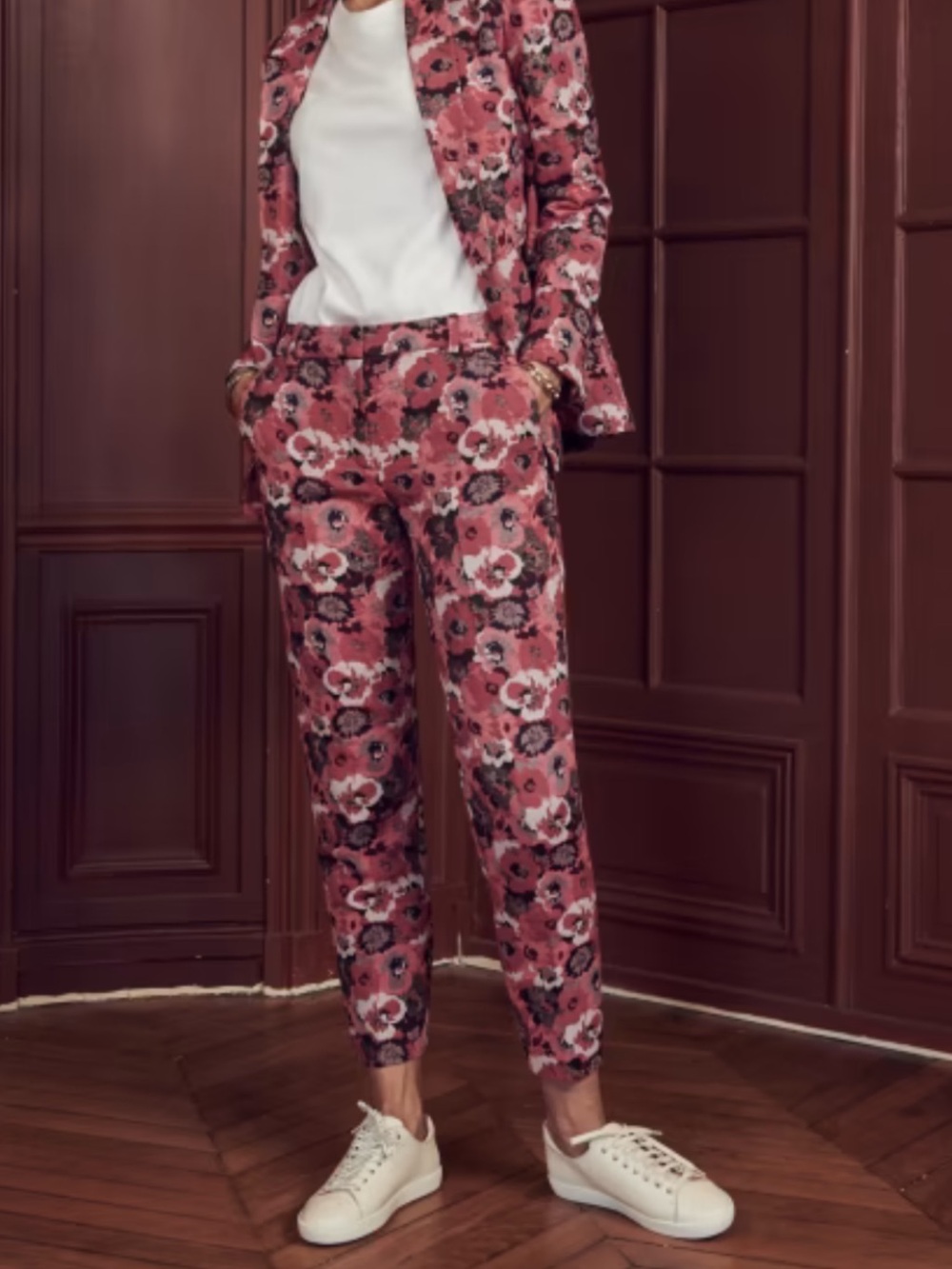 Sezane Gustav Trousers Pink Floral Patterned Jacquard Pants